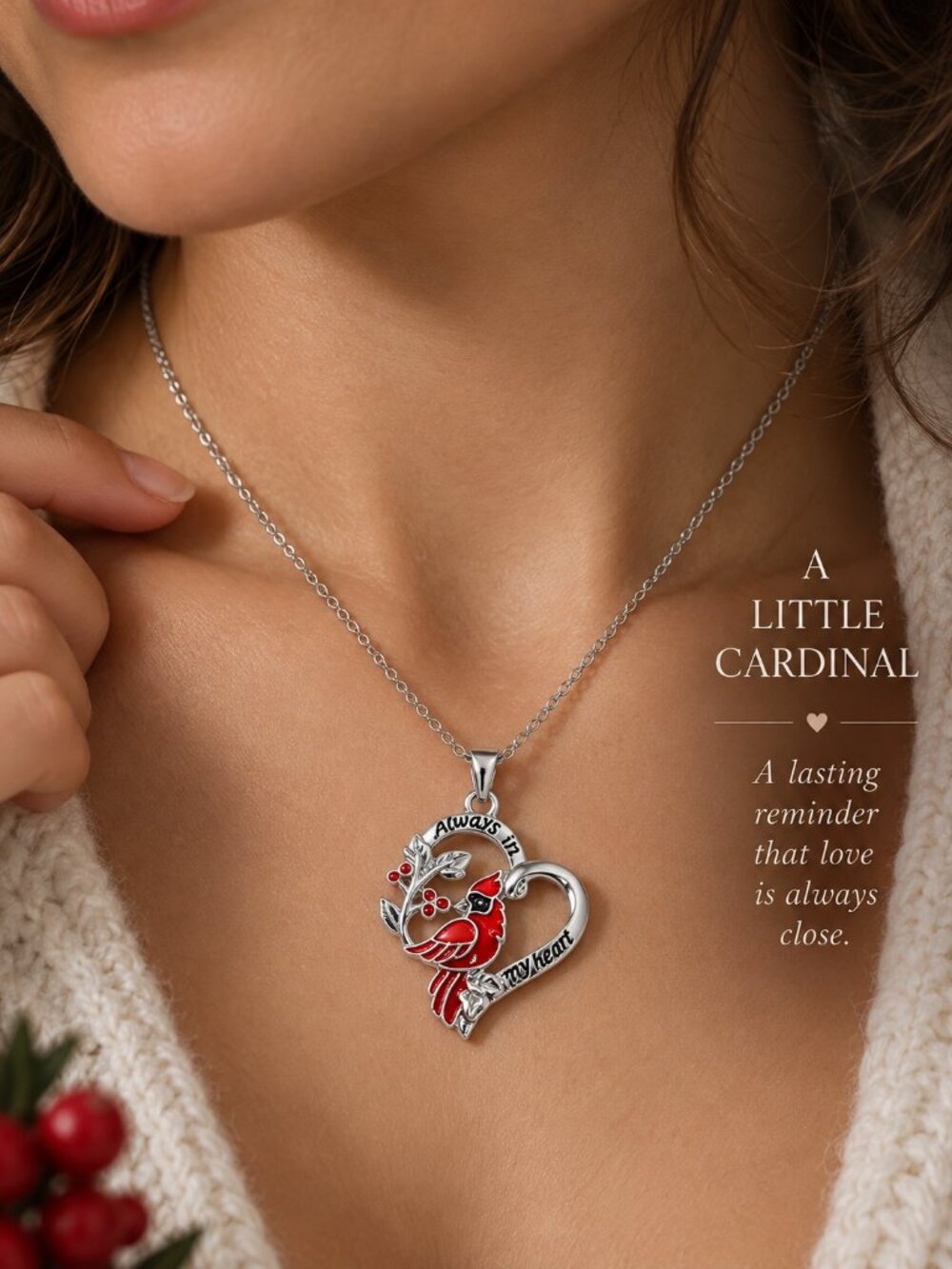 Red Cardinal Necklace Always in My Heart Memorial Remembrance Sympathy Gift 18"